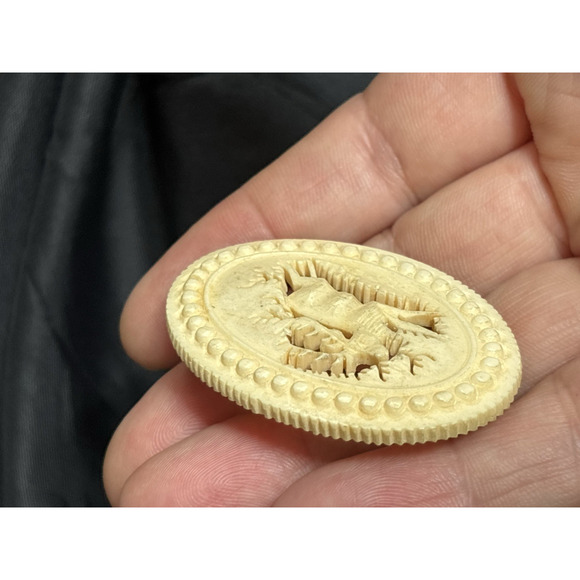 Antique German Hand Carved Antler Brooch Pin Jumping Stag Oval Detailed Carving - Picture 7 of 8